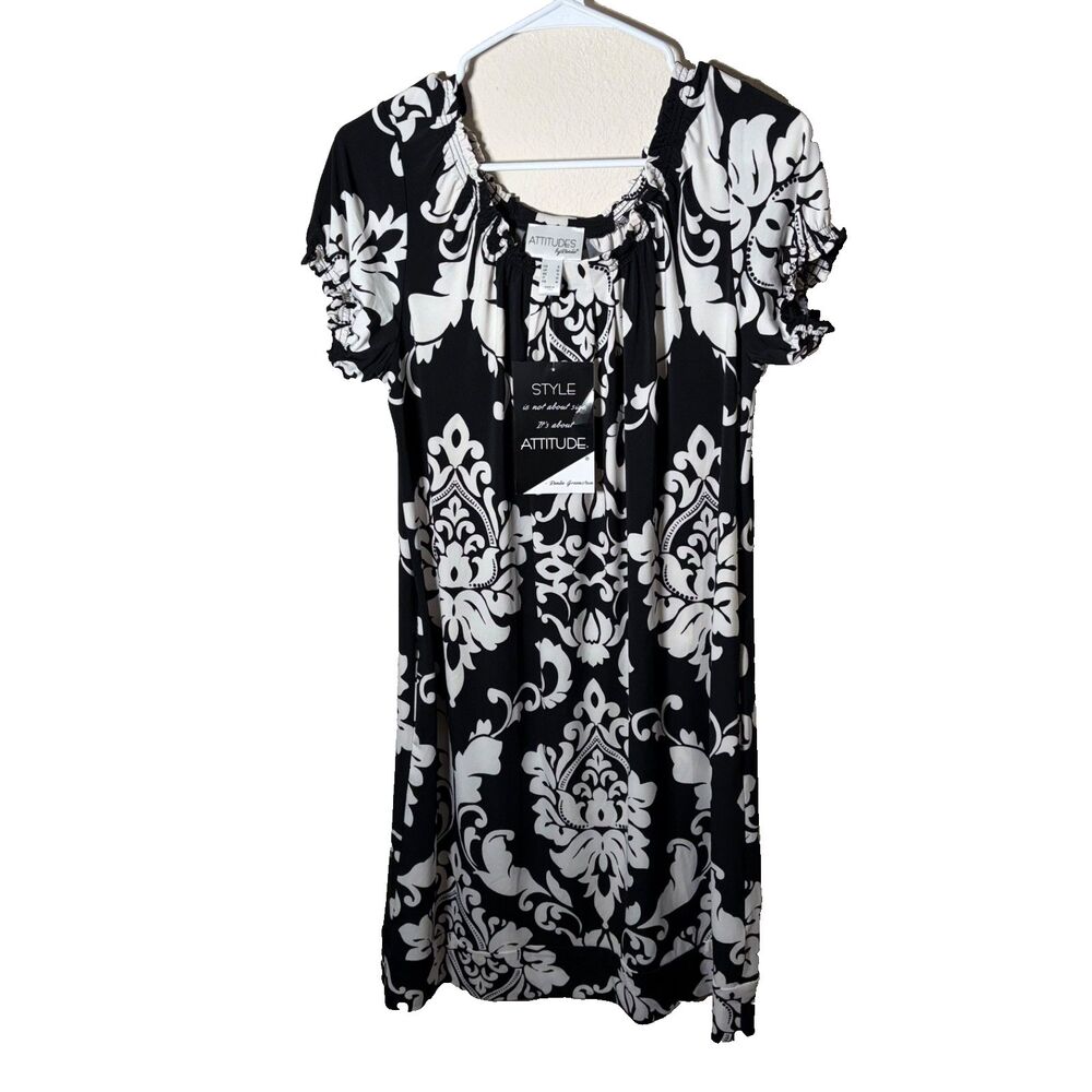 Attitudes by Renee Dress Women's Small Black Printed Shift Round Neck NWT